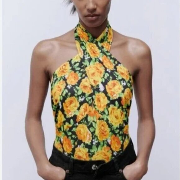 Zara NWT Women's Yellow Multi Floral Cross Twist Neck Halter Top Bodysuit Small - Picture 2 of 14